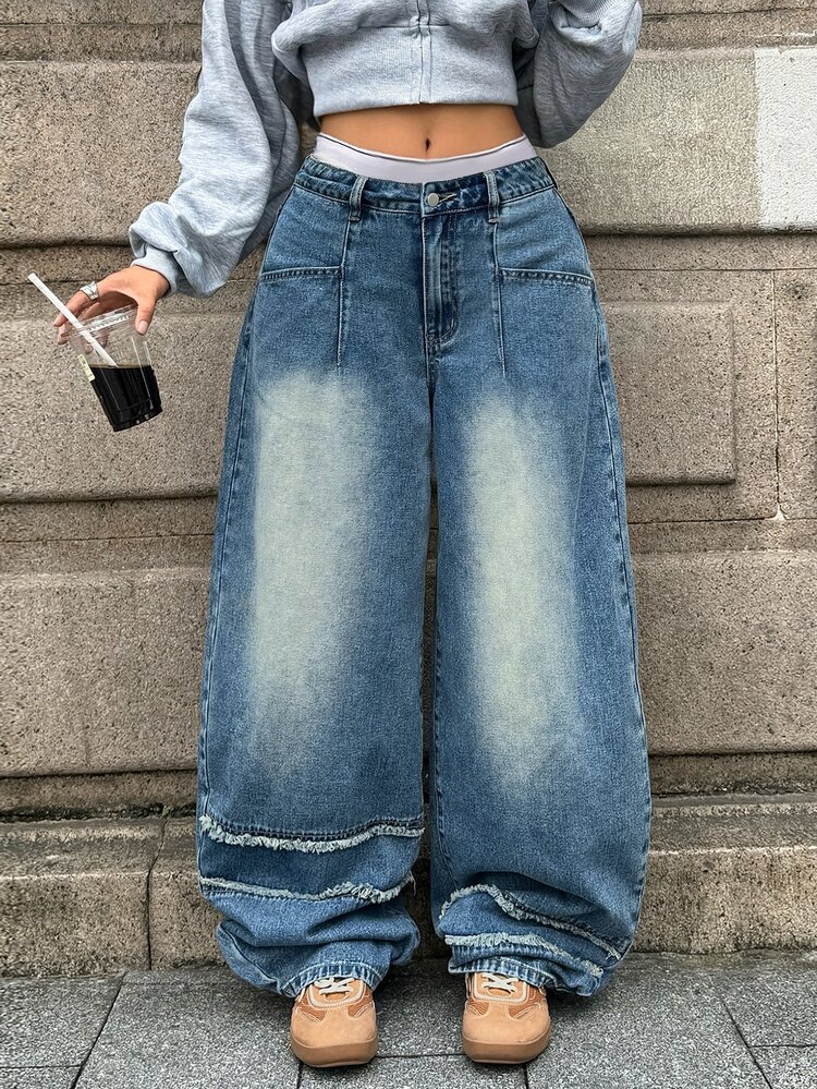 StreetHx 時尚休閒辣妹復古街頭風解構拼接毛邊低腰牛仔曲腿褲 - 中等水洗藍 - 查看 1