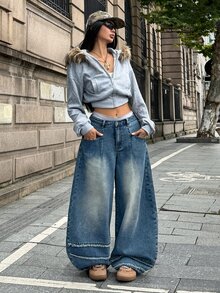StreetHx Fashionable Casual Hot Girl Vintage Street Style Deconstructed Patchwork Raw Edge Low Waist Denim Curved Leg Pants - Medium Wash - View 8