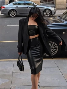 SHEIN SXY بلايز أنبوبية قصيرة وتنورة قلم رصاص من الجلد الصناعي باللون الأسود ، مجموعة قطعتين - الأسود - مشاهدة 9