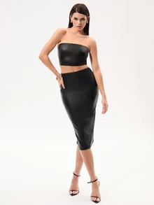 SHEIN SXY بلايز أنبوبية قصيرة وتنورة قلم رصاص من الجلد الصناعي باللون الأسود ، مجموعة قطعتين - الأسود - مشاهدة 6
