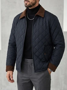 DAZY Quilted Navy Blue Fabric With Brown Collar Men's Padded Coat Jacket - Blue - View 7