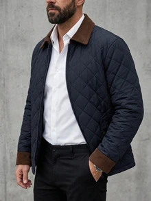 DAZY Quilted Navy Blue Fabric With Brown Collar Men's Padded Coat Jacket - Blue - View 6