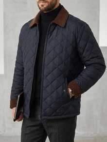 DAZY Quilted Navy Blue Fabric With Brown Collar Men's Padded Coat Jacket - Blue - View 5