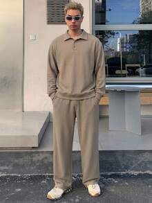 DAZY 男士半開襟鈕扣長袖T恤與直筒口袋長褲 2件套 - 卡其色 - 查看 7