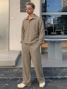 DAZY 男士半開襟鈕扣長袖T恤與直筒口袋長褲 2件套 - 卡其色 - 查看 6