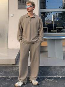 DAZY 男士半開襟鈕扣長袖T恤與直筒口袋長褲 2件套 - 卡其色 - 查看 4