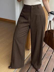 Dazy Plus Plus Size Solid Color Casual Wide Leg Pants For Office - Brown - View 4