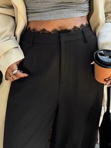 Dazy Plus Fun Commute Casual Waist Lace Patchwork Design Black Versatile Long Pants For Spring And Autumn - Black - View 1