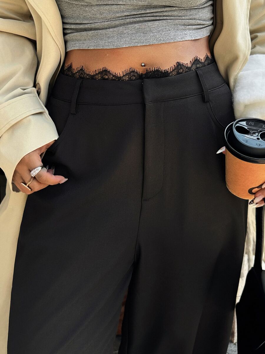 Dazy Plus Fun Commute Casual Waist Lace Patchwork Design Black Versatile Long Pants For Spring And Autumn - Black - View 1
