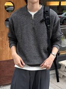 DAZY Spring/Autumn Grey Ribbed Fabric Henley Collar Half-Button Long Sleeve Men's Pullover Sweatshirt - Grey - View 4