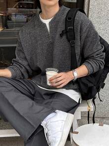 DAZY Spring/Autumn Grey Ribbed Fabric Henley Collar Half-Button Long Sleeve Men's Pullover Sweatshirt - Grey - View 1