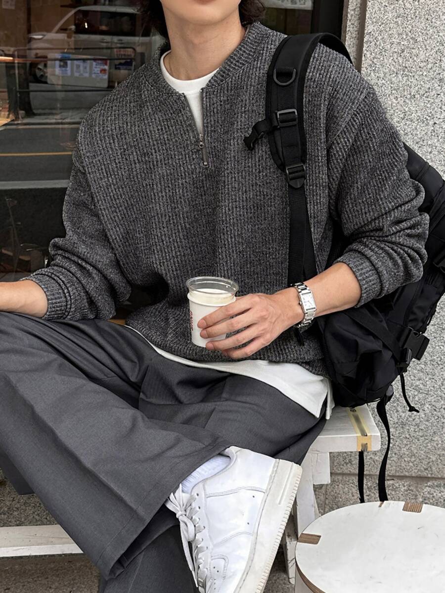 DAZY Spring/Autumn Grey Ribbed Fabric Henley Collar Half-Button Long Sleeve Men's Pullover Sweatshirt - Grey - View 1