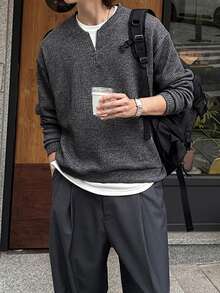 DAZY Spring/Autumn Grey Ribbed Fabric Henley Collar Half-Button Long Sleeve Men's Pullover Sweatshirt - Grey - View 6