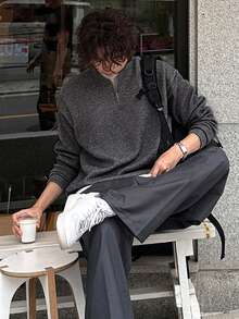 DAZY Spring/Autumn Grey Ribbed Fabric Henley Collar Half-Button Long Sleeve Men's Pullover Sweatshirt - Grey - View 3