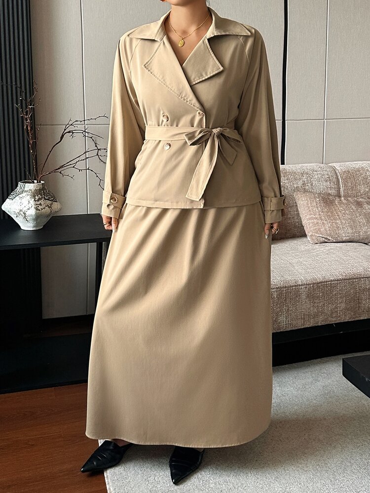Dazy Plus Solid Color Casual Blogger Style Tie Waist Jacket & A-Line Long Skirt 2 Pieces Set - Khaki - View 9