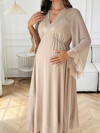 Dazy Maternity فستان ماكسي للحمل من الشيفون بأكمام طويلة وخصر مشدود بتصميم دانتيل متباين مثير للاستخدام المنزلي واليومي