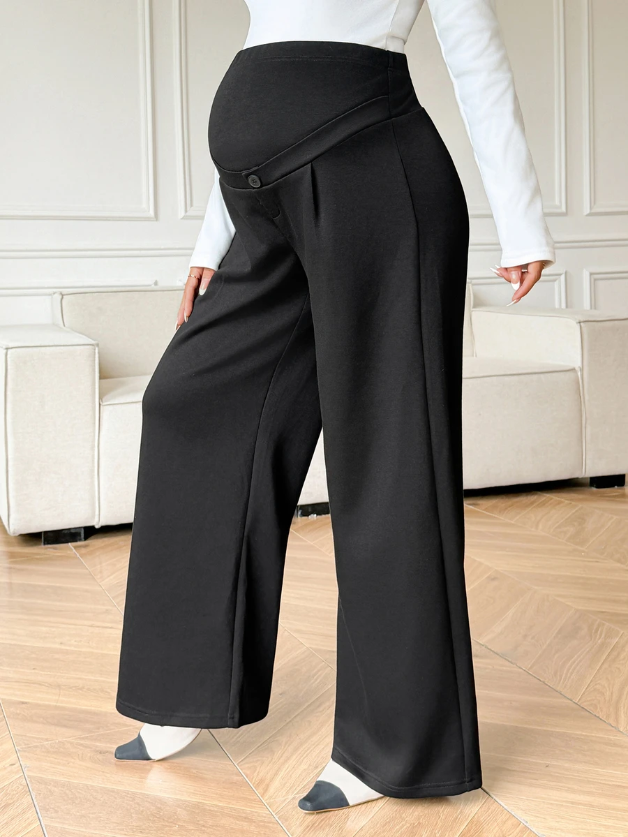 Dazy Maternity Maternity Solid Color Adjustable Waist Casual Wide Leg Pants For Daily Wear - Black - View 1