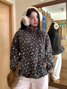 DAZY Sweatshirt Lengan Panjang Wanita Kasual dengan Motif Bunga di Seluruh Permukaan, Musim Gugur/Dingin - Dark Grey - View 5