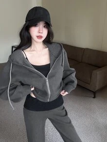 DAZY 秋冬款女款灰色羊毛厚款連帽短版運動外套與寬鬆喇叭褲休閒街頭風兩件套 - 灰色 - 查看 5
