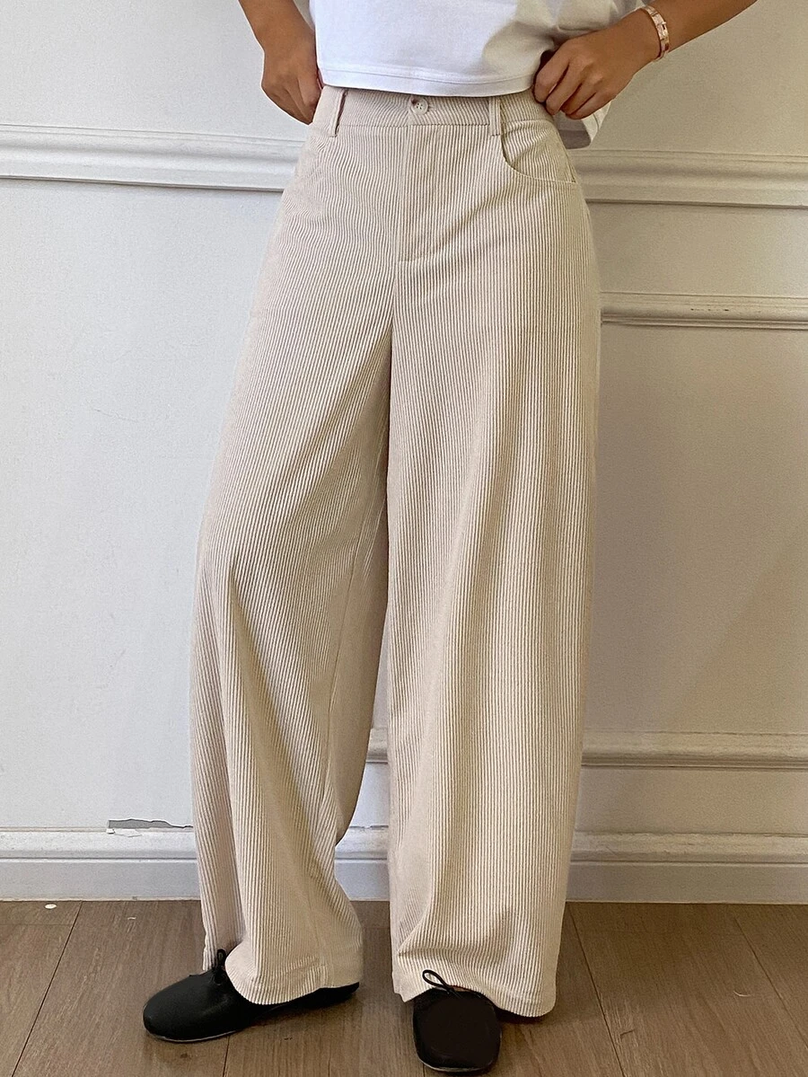 DAZY Solid Color Corduroy Casual Daily Korean Style Thickened Long Pants For Women, Autumn/Winter - Apricot - View 1