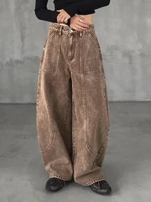 FRIFUL Women's Loose Casual Versatile Denim Jeans With Curved Pockets - Brown - View 7
