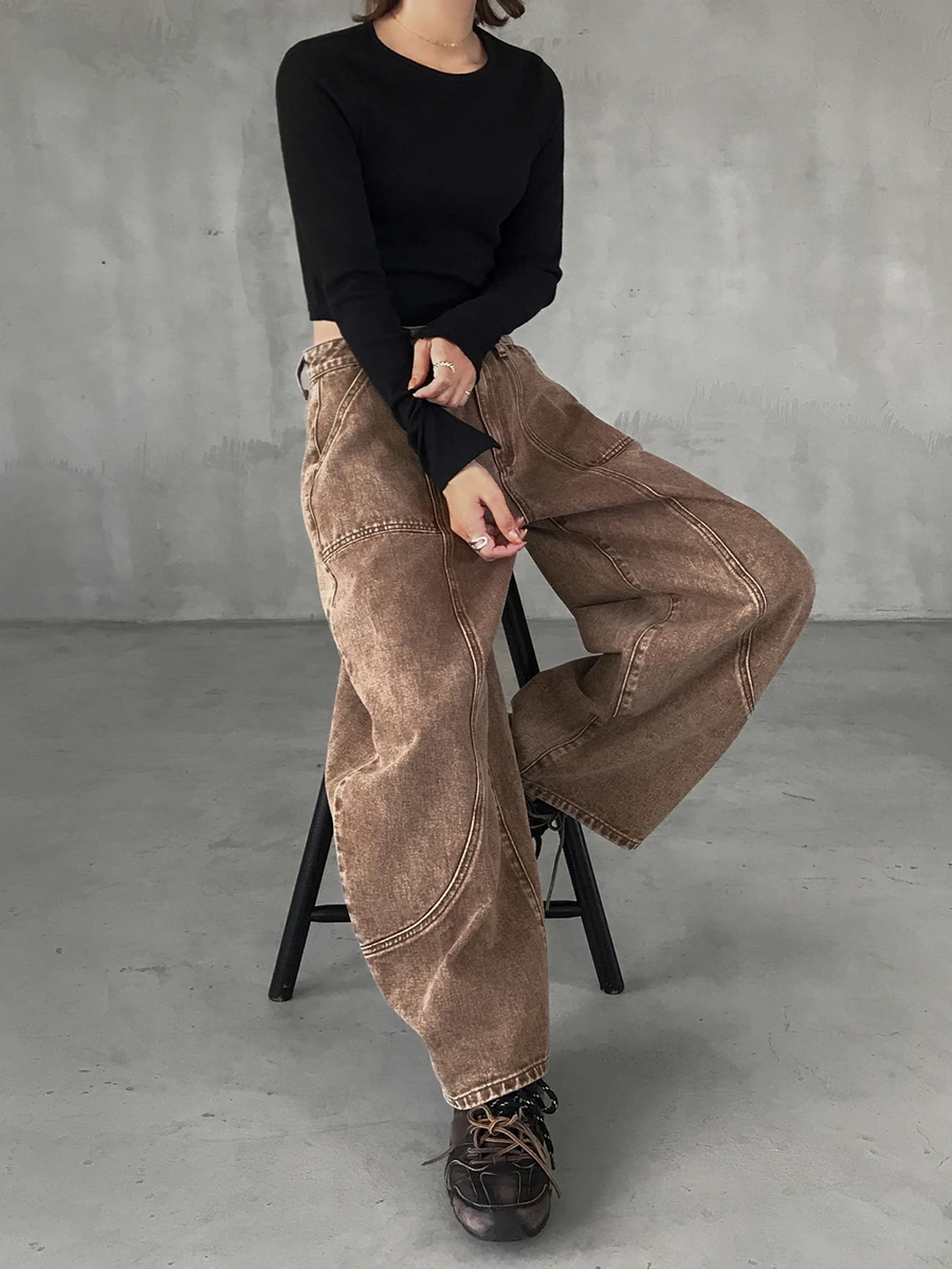 FRIFUL Women's Loose Casual Versatile Denim Jeans With Curved Pockets - Brown - View 1