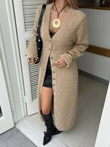 DAZY Autumn/Winter Camel Color V-Neck Single-Breasted Long Cardigan Slouchy Versatile Street Casual Commute Women's Sweater Dress Long Sleeve Tops - Khaki - View 6