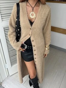 DAZY Autumn/Winter Camel Color V-Neck Single-Breasted Long Cardigan Slouchy Versatile Street Casual Commute Women's Sweater Dress Long Sleeve Tops - Khaki - View 4