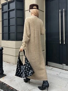 DAZY Autumn/Winter Camel Color V-Neck Single-Breasted Long Cardigan Slouchy Versatile Street Casual Commute Women's Sweater Dress Long Sleeve Tops - Khaki - View 2
