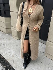 DAZY Autumn/Winter Camel Color V-Neck Single-Breasted Long Cardigan Slouchy Versatile Street Casual Commute Women's Sweater Dress Long Sleeve Tops - Khaki - View 5