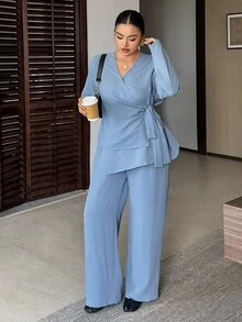 Dazy Plus Solid Color Asymmetrical Collar Tie Long Sleeve Shirt And Straight Leg Pants Elegant Vacation Formal Spring Autumn 2 Pieces Set - Blue - View 5