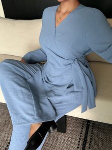 Dazy Plus Solid Color Asymmetrical Collar Tie Long Sleeve Shirt And Straight Leg Pants Elegant Vacation Formal Spring Autumn 2 Pieces Set - Blue - View 1