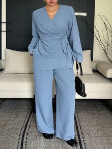 Dazy Plus Solid Color Asymmetrical Collar Tie Long Sleeve Shirt And Straight Leg Pants Elegant Vacation Formal Spring Autumn 2 Pieces Set - Blue - View 7