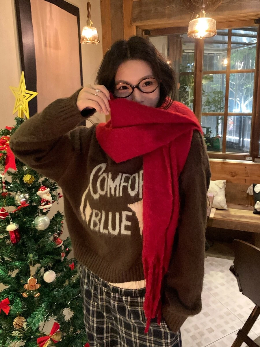DAZY Women's Round Neck Casual Letter Print Autumn/Winter Long Sleeve Korean Style Colorblock Sweater - Coffee Brown - View 1