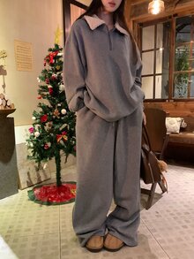 DAZY Setelan Wanita Kasual Gaya Korea, Terdiri dari Sweatshirt Lengan Panjang dan Celana Longgar (2 Potong) - Biru - View 5
