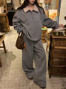 DAZY Setelan Wanita Kasual Gaya Korea, Terdiri dari Sweatshirt Lengan Panjang dan Celana Longgar (2 Potong) - Biru - View 8