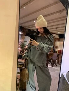 DAZY Setelan Wanita Kasual Gaya Korea, Terdiri dari Sweatshirt Lengan Panjang dan Celana Longgar (2 Potong) - Biru - View 1
