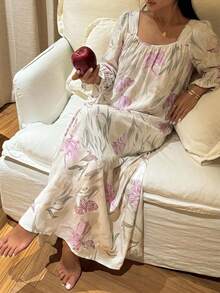 DAZY Vacation Style Floral Print Full-Print Lightweight Long Camisole Nightgown For Women - White - View 4
