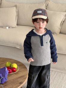 DAZY Baby Boys Raglan Sleeve Zip Half-Open Hooded Long Sleeve Sweater - Grey - View 6