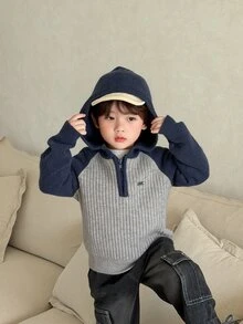 DAZY Baby Boys Raglan Sleeve Zip Half-Open Hooded Long Sleeve Sweater - Grey - View 4