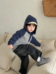 DAZY Baby Boys Raglan Sleeve Zip Half-Open Hooded Long Sleeve Sweater - Grey - View 2