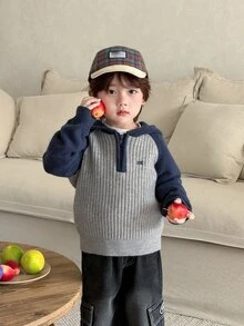 DAZY Baby Boys Raglan Sleeve Zip Half-Open Hooded Long Sleeve Sweater - Grey - View 3