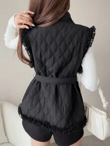 FRIFUL 女款純色拼接荷葉邊單排扣背心外套 秋季夾克 黑色優雅日常早餐風 - 黑色 - 查看 5