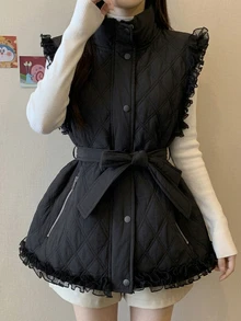 FRIFUL 女款純色拼接荷葉邊單排扣背心外套 秋季夾克 黑色優雅日常早餐風 - 黑色 - 查看 2