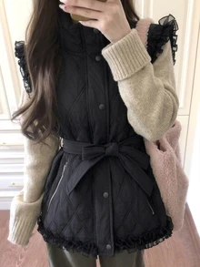 FRIFUL 女款純色拼接荷葉邊單排扣背心外套 秋季夾克 黑色優雅日常早餐風 - 黑色 - 查看 4