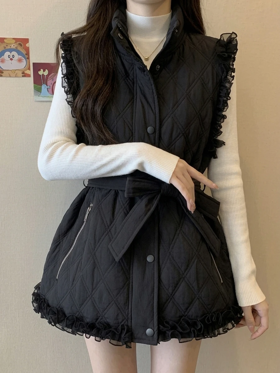 FRIFUL 女款純色拼接荷葉邊單排扣背心外套 秋季夾克 黑色優雅日常早餐風 - 黑色 - 查看 1