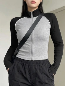 Dazy Plus Colorblock Patchwork Fitted Casual Short Jacket, Blogger Style, Spring/Autumn New Thin Outerwear - Grey - View 2