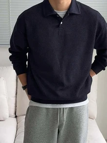 DAZY 春秋款海軍藍 Polo 領舒適針織羅紋面料韓系男士套頭運動衫 - 藏蓝色 - 查看 6