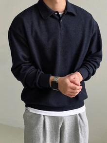 DAZY 春秋款海軍藍 Polo 領舒適針織羅紋面料韓系男士套頭運動衫 - 藏蓝色 - 查看 9