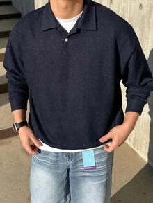DAZY 春秋款海軍藍 Polo 領舒適針織羅紋面料韓系男士套頭運動衫 - 藏蓝色 - 查看 5